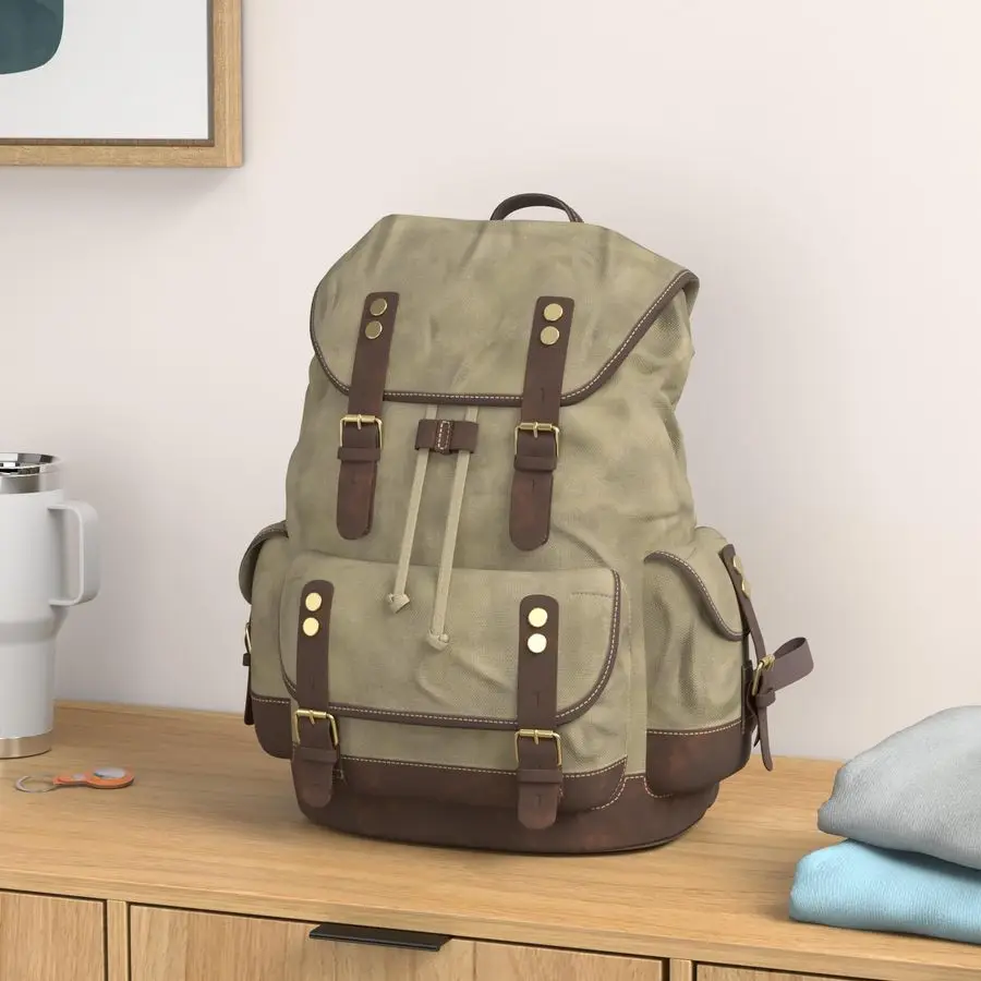 メンズトラベルバックパック、本革ワックスキャンバスショルダーハイキングリュックサック