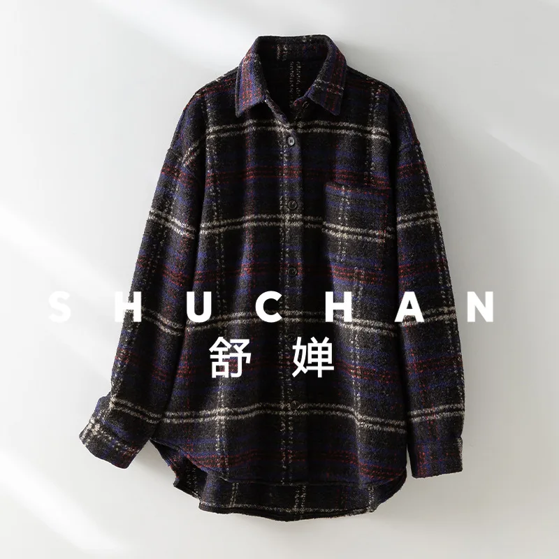 2025 otoño e invierno nueva camisa a cuadros gruesa chaqueta suave cerosa cómoda lana tela mixta camisa de manga larga neutra