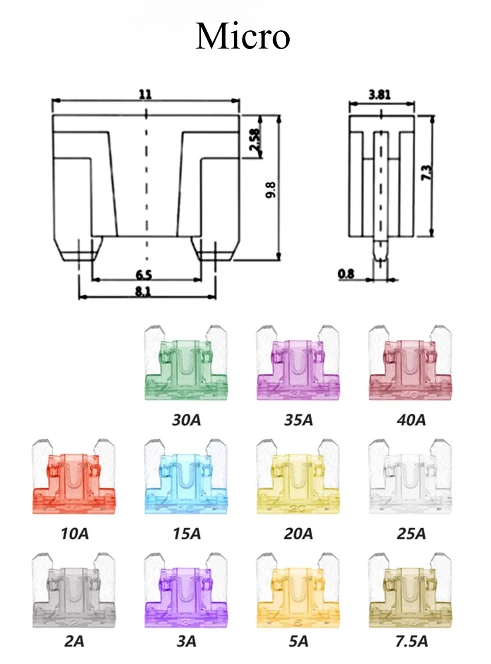 1000PCS Micro Blade Fuse 2A 3A 7,5A 10A 15A 20A 25A 30A 35A 40A Amp Clip Sicherungen – Detail 7