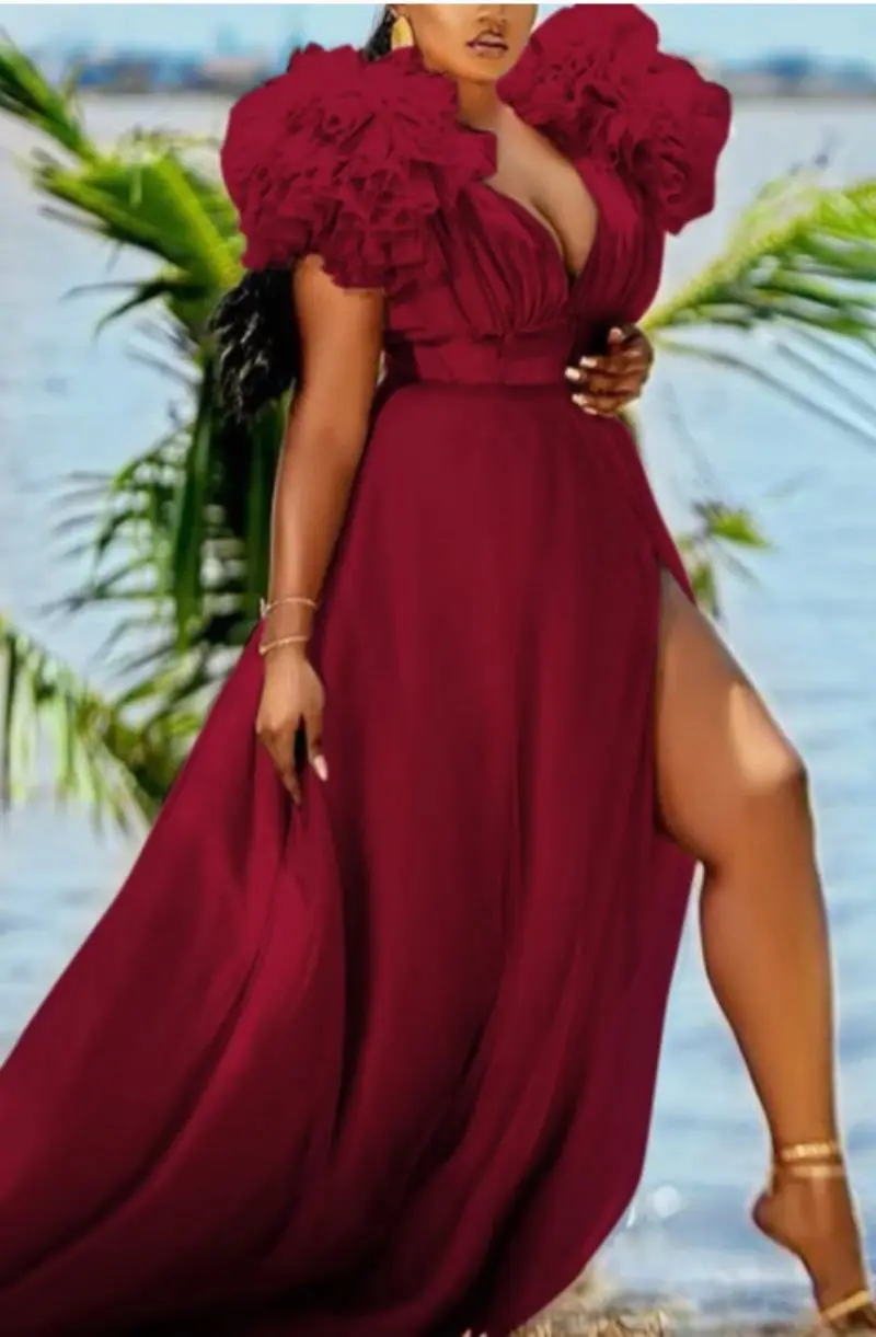 Amerika und Afrika Frauen Plus Size Abendkleid Sexy große Rüschen kurze Ärmel Abendkleid Mode Brautjungfer Brautkleider