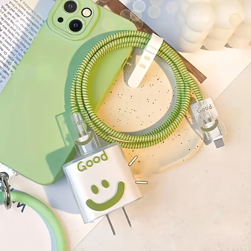 20W 18W Green Happy Face Charger Protection Cover For iPhone 13 11 15 16 Pro Max Charging Head Cable Management Cord Winder Kit