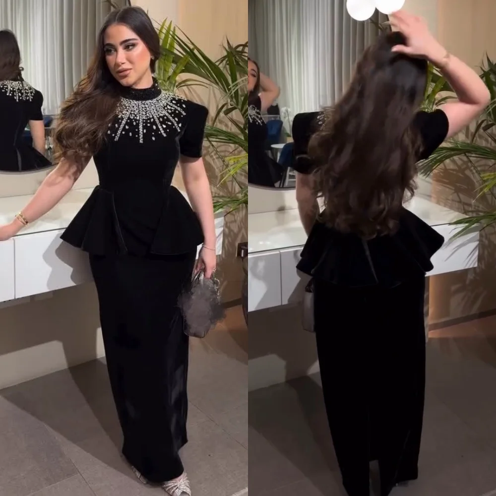 

Customized Exquisite Velour Pleat Sequined Straight High Collar Long Dresses Bespoke Occasion Celebrity Fashion