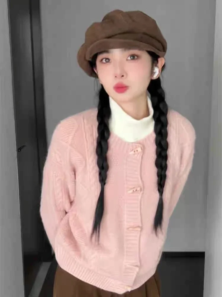 Pink Sweater Women Slouchy Autumn Single Breasted Cardigan Tender Knitwear New Sweet Girls Warm Stretchy Temper Korean Style