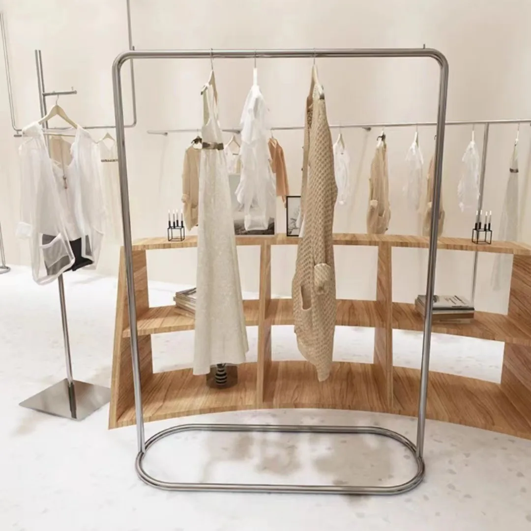 Stainless steel floor hanger oval middle island rack women's clothing rack double row display rack