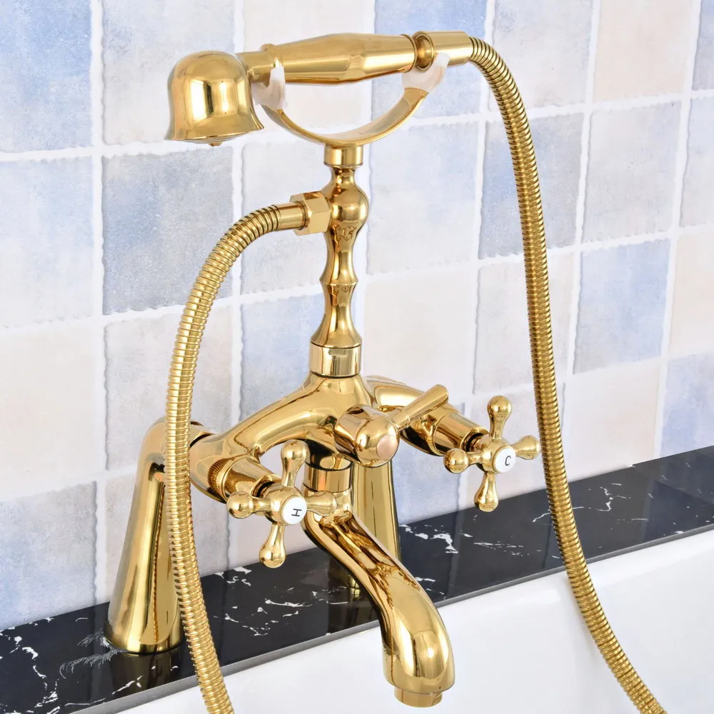 

Modern Luxury Golden Brass Deck Mounted Bathroom Tub Faucet Set with 1500MM Handheld Shower Spray Head Bath Mixer Tap 2tf775