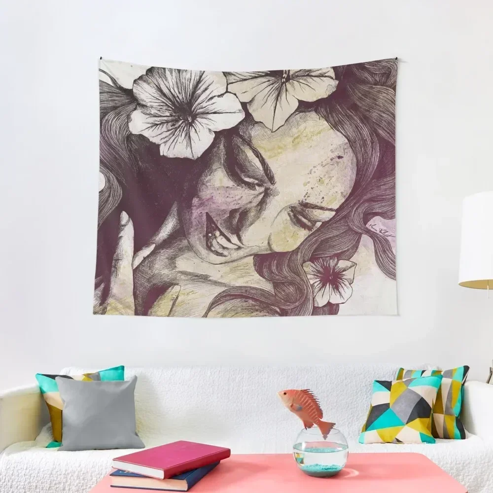 

In The Year Of Our Lord - Wine | smiling woman portrait with flowers Tapestry Wall Decoration Items Tapestry