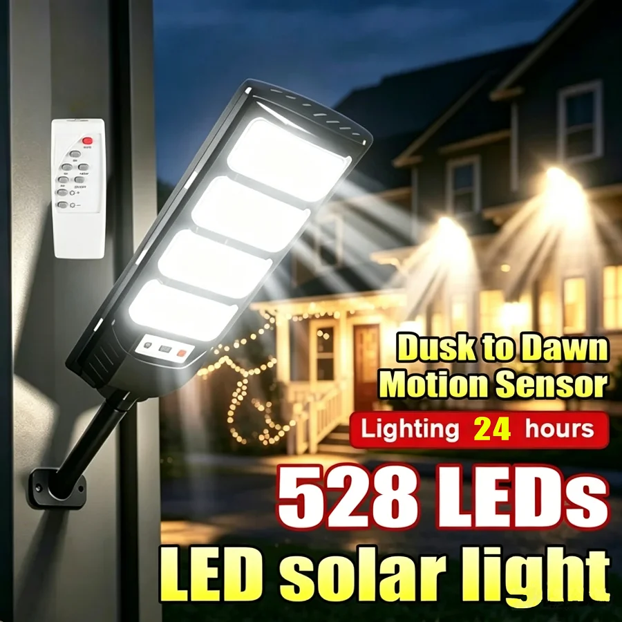 Nova Lâmpada Solar Aprimorada 2026 com 528 LEDs Ultra Brilhantes e Sensor de Movimento para Jardim, Rua e Parede Externa