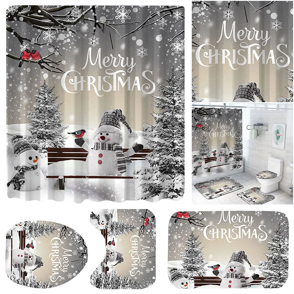 

Christmas Winter Bathroom Curtain with Rugs Toilet Cover Mat Holiday Shower Curtain Printed Bath Curtain for Bathroom Decor