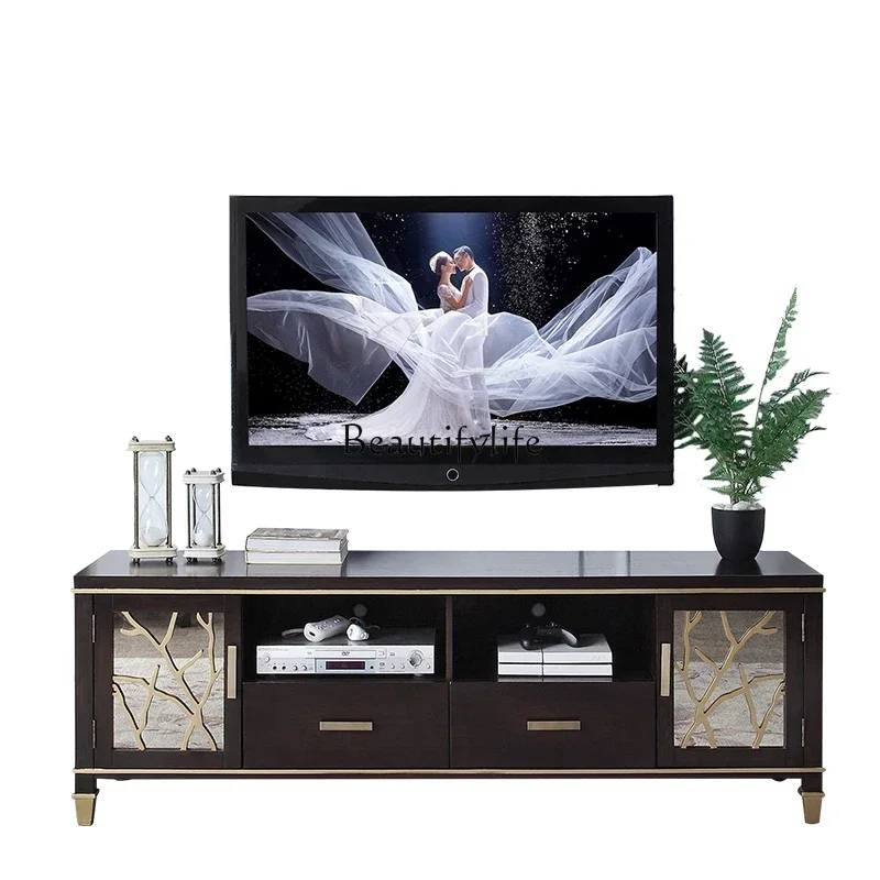 yj32 L. خزانة تلفزيون فاخرة خفيفة أمريكية لغرفة المعيشة أثاث من الخشب الصلب خزانة أرضية من خشب الجوز الأسود