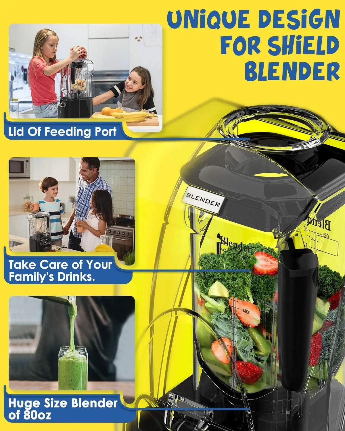 Quiet Commercial Blender with Soundproof Shield, 2200 Watt Professional Blenders for Kitchen with 80oz Jar and Self-Cleaning, Hi