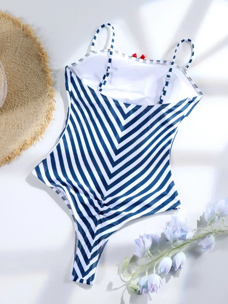 Print Swimsuits Striped One Piece Set For Women Sexy Bodysuit High Cut Beachwear 2025 Summer Bathsuit