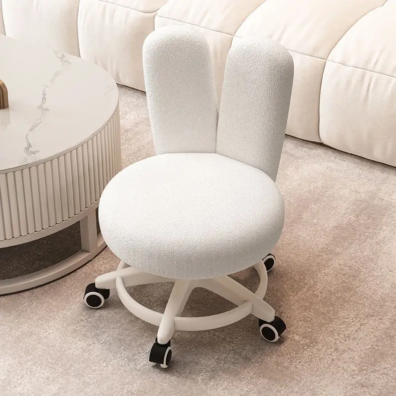 Cute Bunny Ear Stool With Wheels White Swivel Rolling Chair Soft Teddy Fabric For Living Room Bedroom Vanity