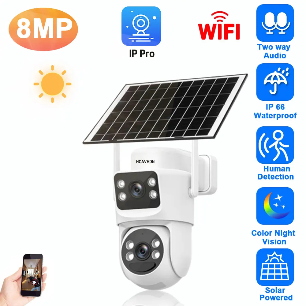 

4K Auto Tracking CCTV WiFi PTZ IP Camera Solar Powered Outdoor Dual Lens Wireless Security Surveillance Camera 2 Way Audio 8MP