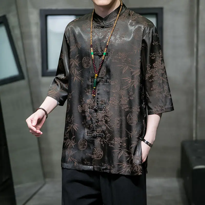 

Chinese Style Shirt Men's Spring Summer Printed Casual Top Male China Traditional Clothing Loose Casual Retro Black Tang Suit