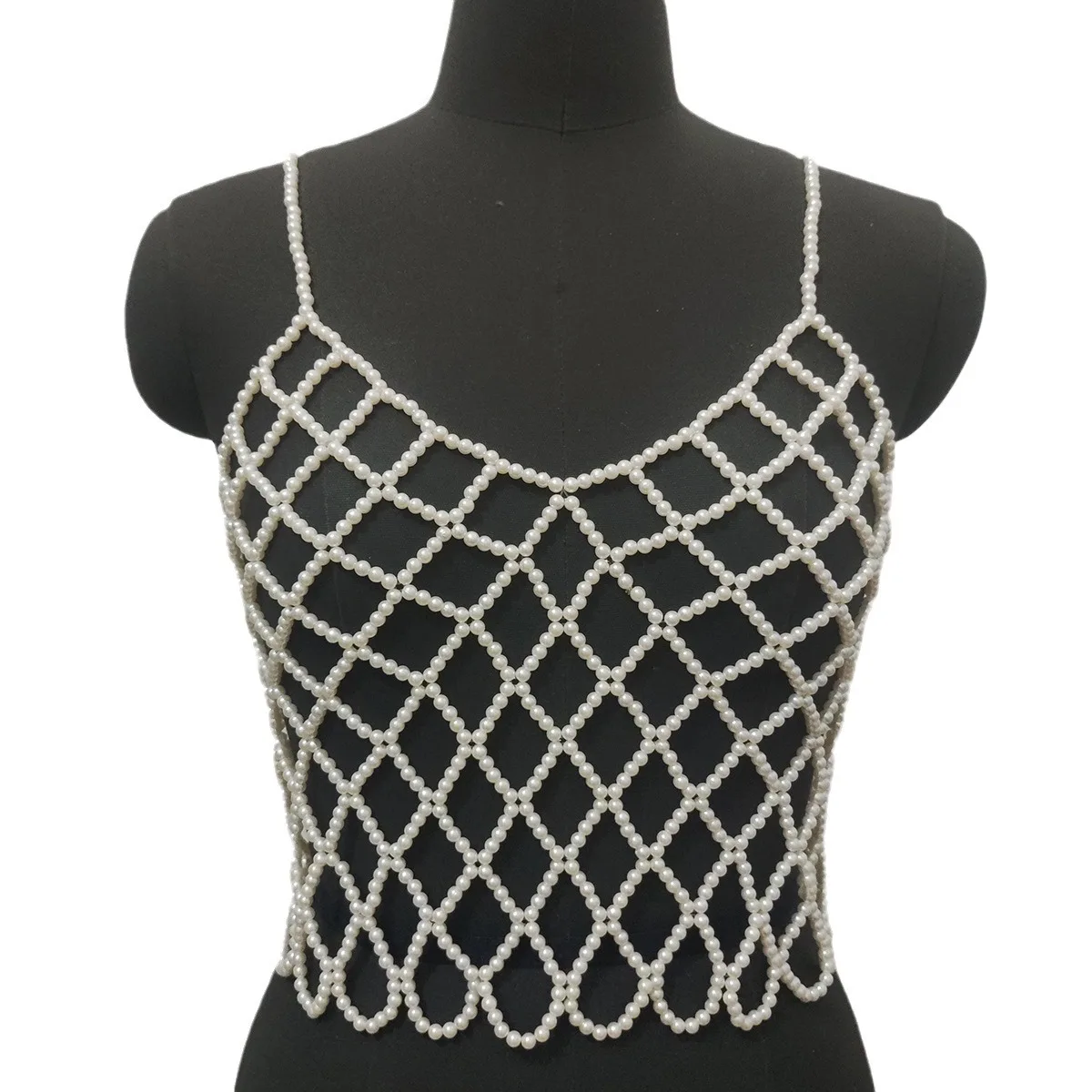 

Hand-woven Plastic Pearls Hollow Out Vest For Women Sleeveless Shirt tops Pearls Beading Camis Tops Sexy Body Chain Jewelry