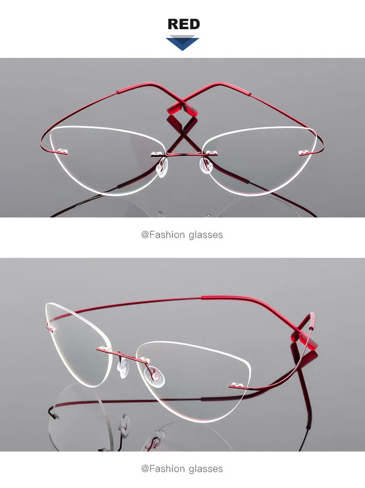 Titan Legierung Randlose Anti Blau Licht Lesebrille Für Frauen Cat Eye Metall Presbyopie Brille HD Augenschutz Leser – Detail 16