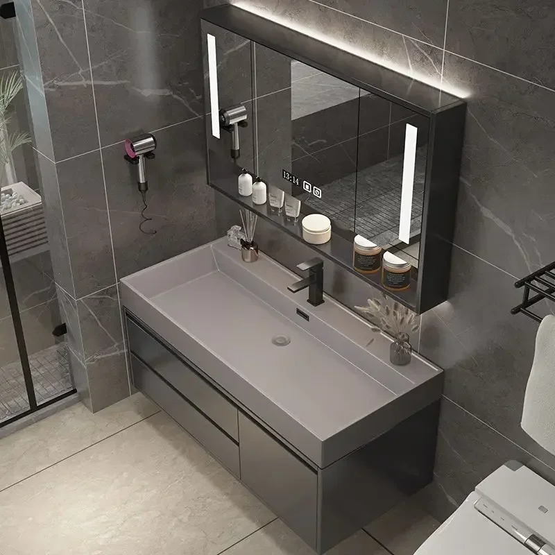 Large Basin Bathroom Cabinet Combination Washbasin Bathroom Rock Integrated Solid Wood Simple Intelligent Room Furniture