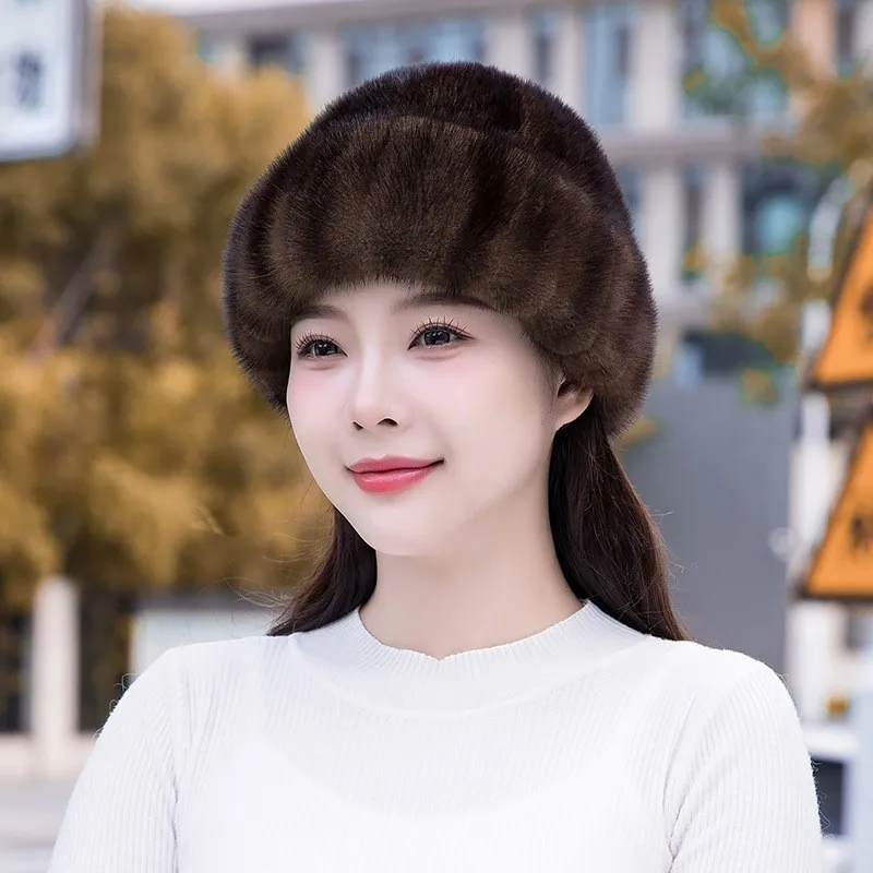 A fur hat for women to keep warm in autumn and winter leather bag middle-aged elderly mothers ear-protecting top
