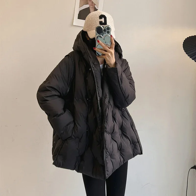 Schinteon المرأة الأبيض بطة أسفل سترة الخريف الشتاء عادية أكثر من حجم ملابس خارجية فضفاضة مع غطاء محرك السيارة الكورية نمط ألف خط معطف 2024 جديد