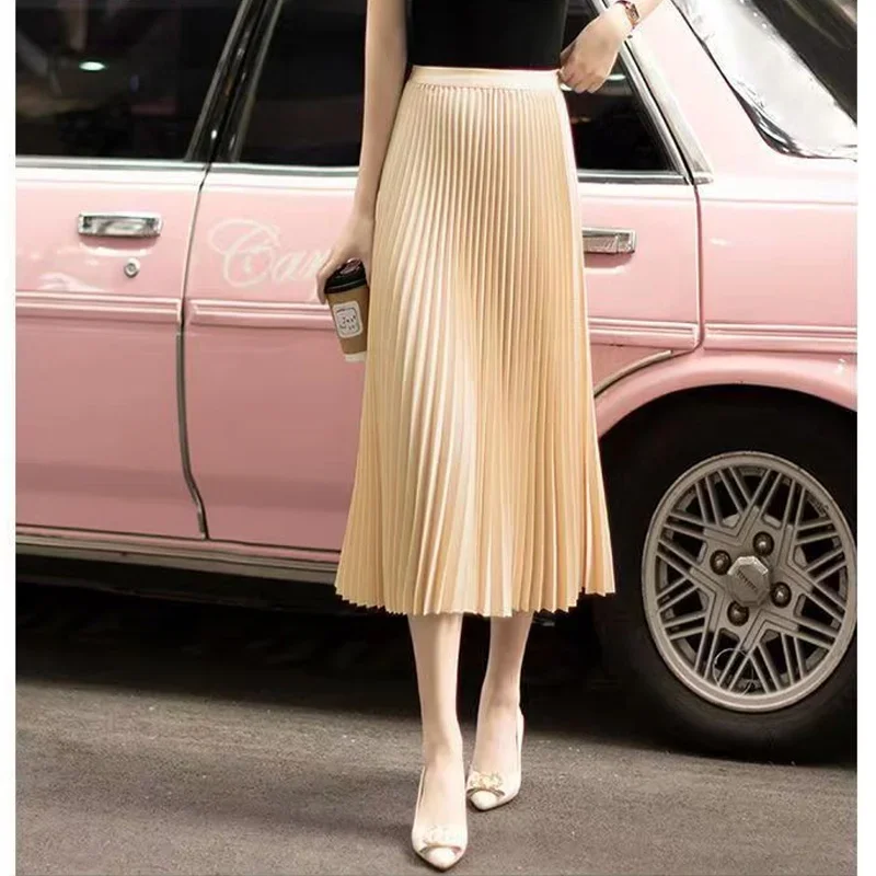 Summer New Pleated High Waist Thin Skirts Solid Color Loose All-match Plus Size A-line Skirt Elegant Fashion Women Clothing