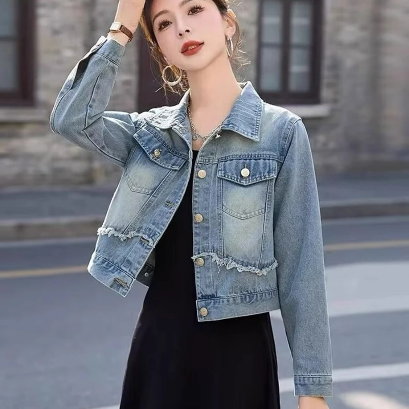 

Женская короткая куртка, весна-осень 2023, Новое поступление, милая мини-байкерская куртка в западном стиле в стиле ретро с потертым подолом для миниатюрных девочек