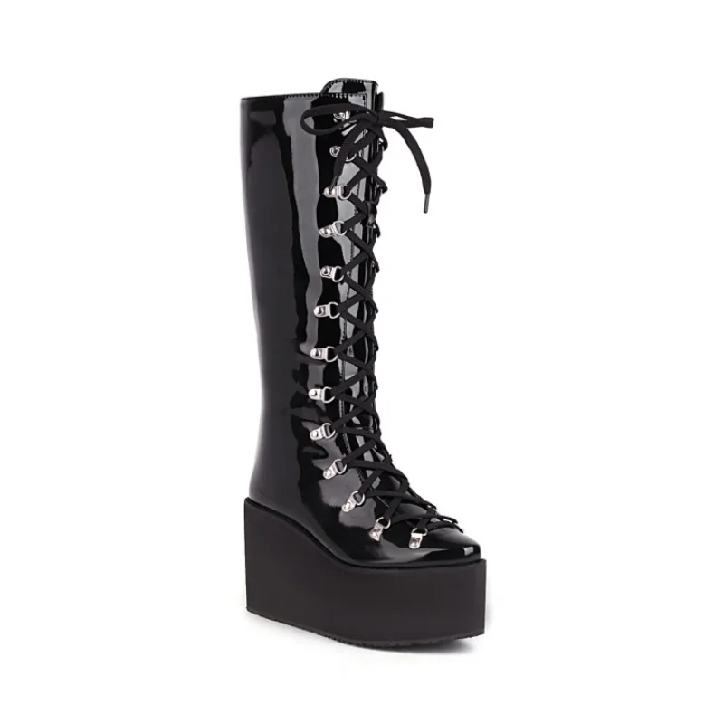 Patent Leather Ladies\' platform BOOTS Winter boots Square toes Lace-up Wedge heel boots esque platform Knee-high Boots
