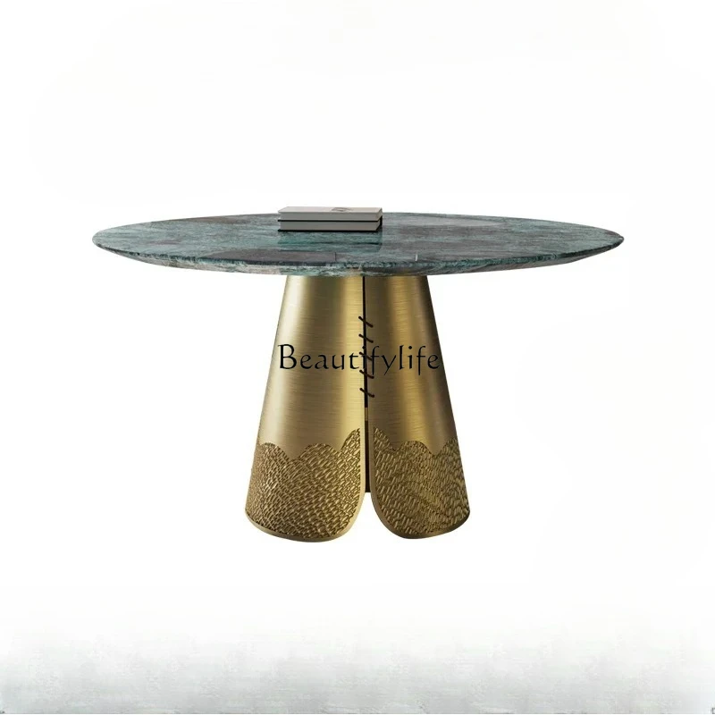 

Natural marble dining table Modern simplicity with turntable High-grade stainless steel light luxury stone dining table