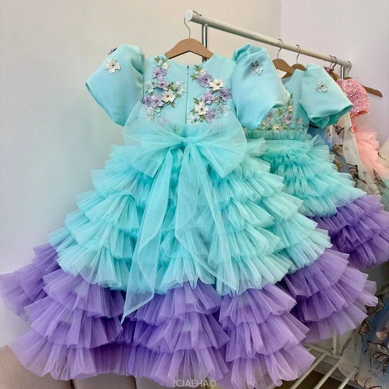 Custom Luxury Gradient Tulle Bow Floral Puff Sleeve Flower Girl Gown Pageant Runway Guest Luxury Birthday Party Kids Tiered Form