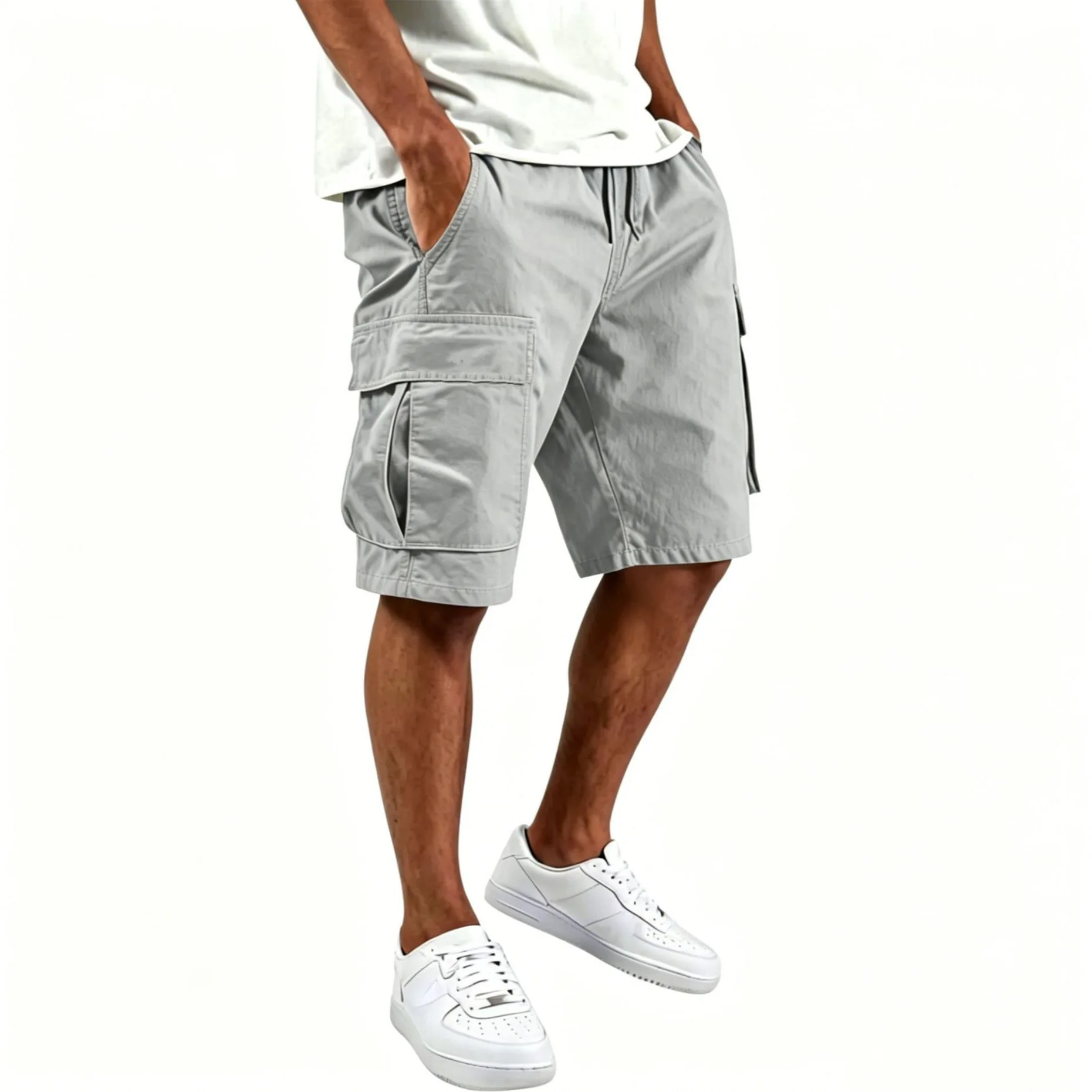 Men's Plus Size Solid Color Woven Shorts 2026 Cross-Border Summer Casual Workwear with Multiple Pockets