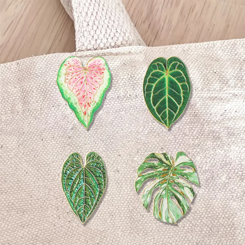 Tropische Pflanzenblatt-Emaille-Abzeichen, grünes Caladium, Monstera, Reversnadel, Natur-Metallbroschen, Schmuck, Geschenke – Detail 3