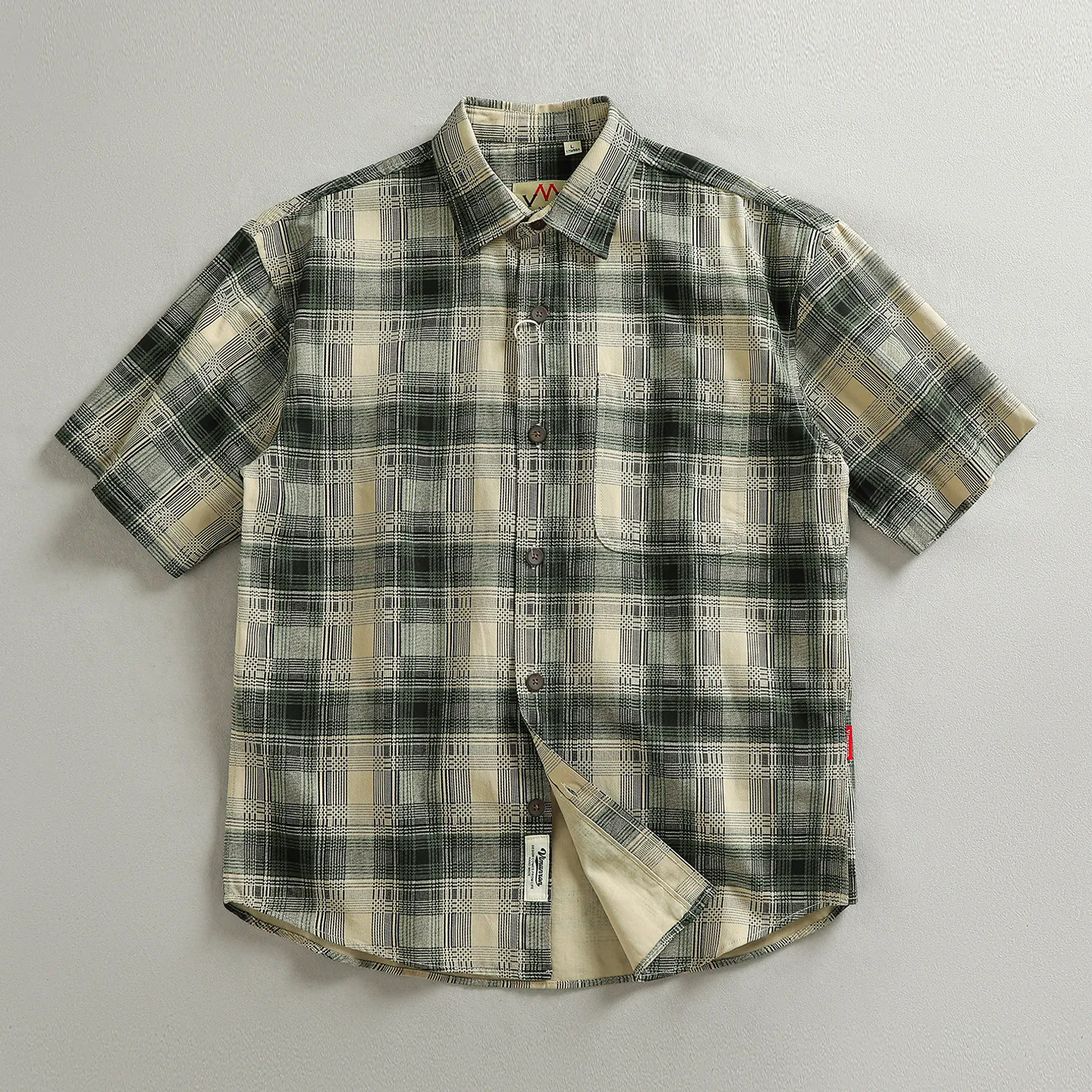 

100% cotton woven washed American retro short-sleeved shirt men's summer contrast plaid shirt