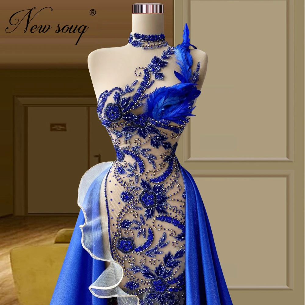 Royal Blue Borduren Kralen Avondjurken Luxe Een Schouder Prom Dress Couture Dubai Wedding Party Toga Vestido De Noiva