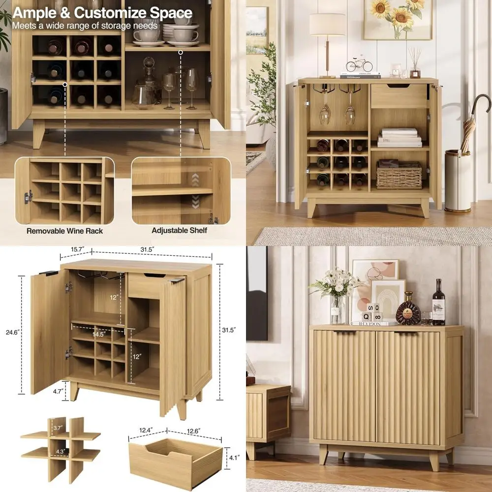 

Versatile Solid Wood Coffee Bar Cabinet with Detachable Wine Rack and Adjustable Shelves, Suitable for Dining, Living Rooms, and