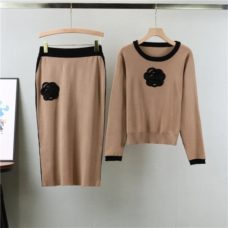 Elegant 2 Piece Skirts Sets Women Korean Wool Knitted Top and High Waist Skirt Two Piece Set for Women 2024 Spring and Autumn