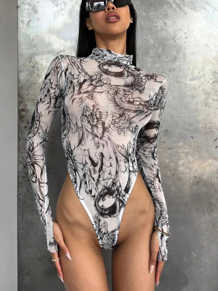 

Bangniweigou geometric tie-dye mesh see through bodysuit women skinny full sleeve sexy bodice one piece top