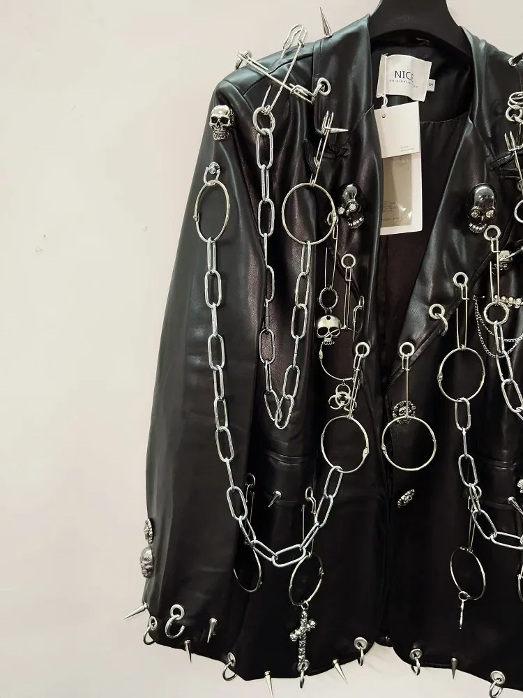 Chaqueta de cuero estilo Roer Hip Hop Punk k Street Performance abrigo de cuero de gato salvaje elemento de cadena de pi...