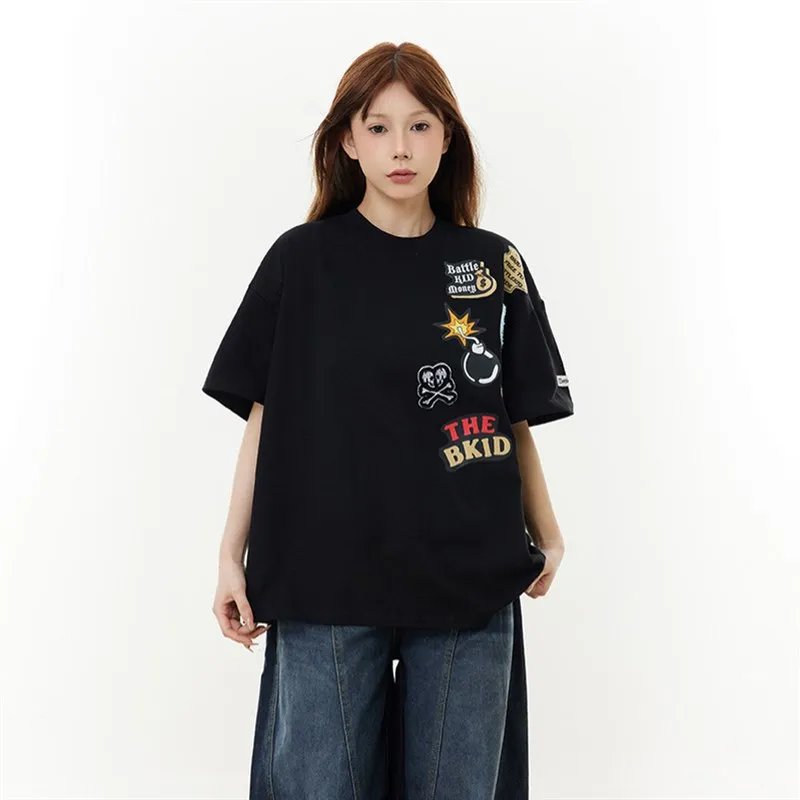 

Hong Kong Sle Embroidered Pure Cotton ort Sve T-irt Casual round Ne Summer Wear for Men Comfortable Loose Fit