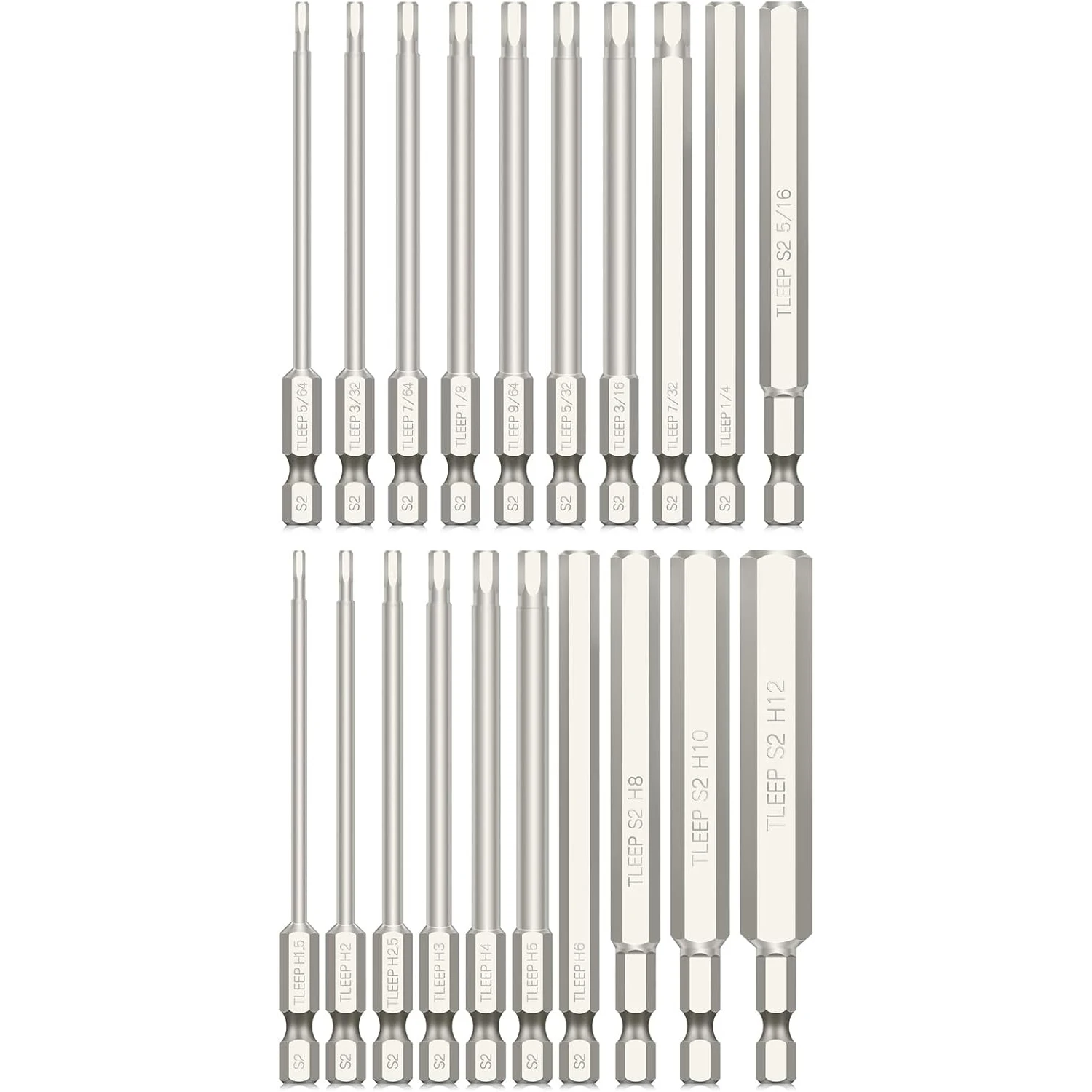 

20 x 1/4 Inch Hex Head Allen Wrench Drill Bits 100MM Long, SAE 5/16” to 5/64” & Metric 12mm to 1.5mm, S2 Steel Magnetic Tips Scr