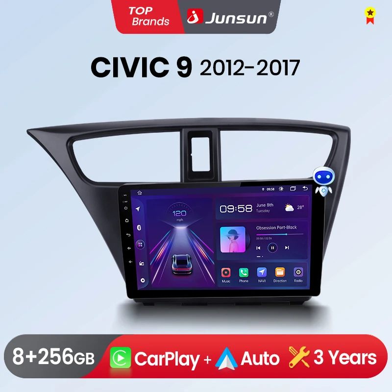 Junsun-Autoradio sans fil Android CarPlay pour Honda, Civic 9, FK, FB, 2012-2017, limitation GPS, 2 Din