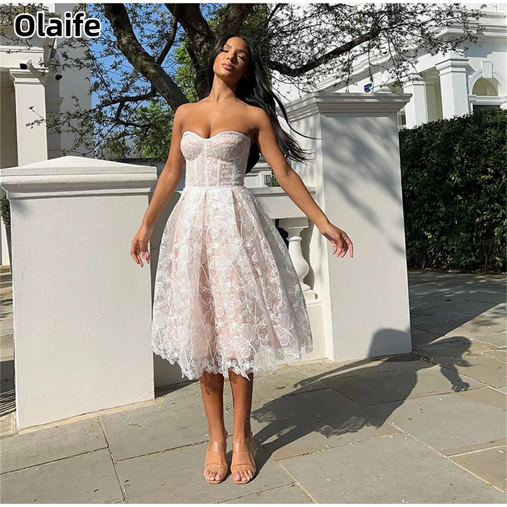 Olaife Short Sweetheart Lace Knee Length A-line Cocktail Dress Sleeveless Backless New Appliques Party Wear Vestidos De