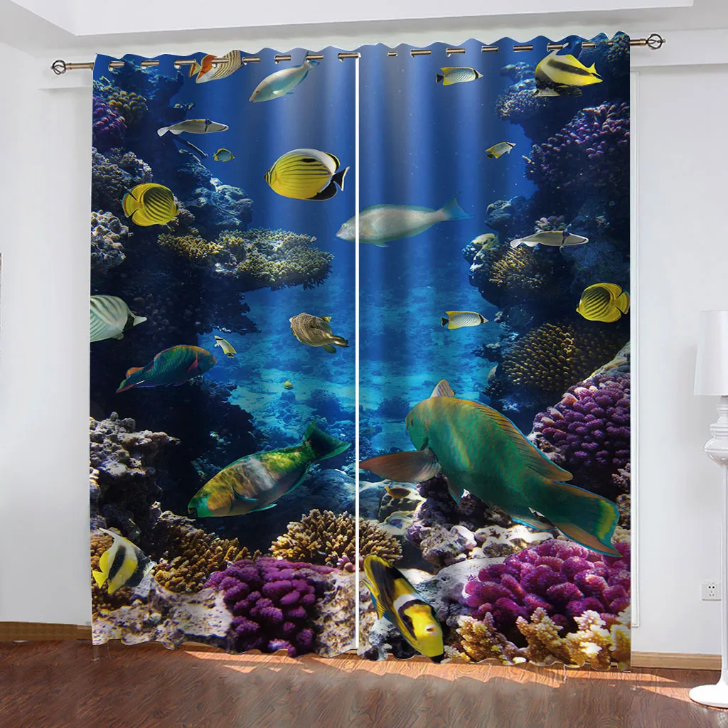 

HUANZHUANG Bedroom Curtains Underwater world coral fish Rod Pocket Wooden Door Printed Living Room Curtain For Home Decor