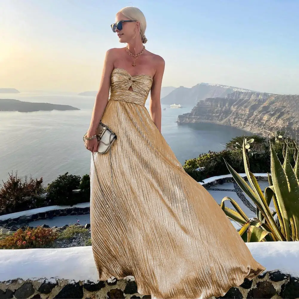 Bankett Maxi kleid Plissee Saum Kleid elegant schulter frei Abendkleid mit Bronzing Bandeau Plissee hohe Taille für Abschluss ball Party