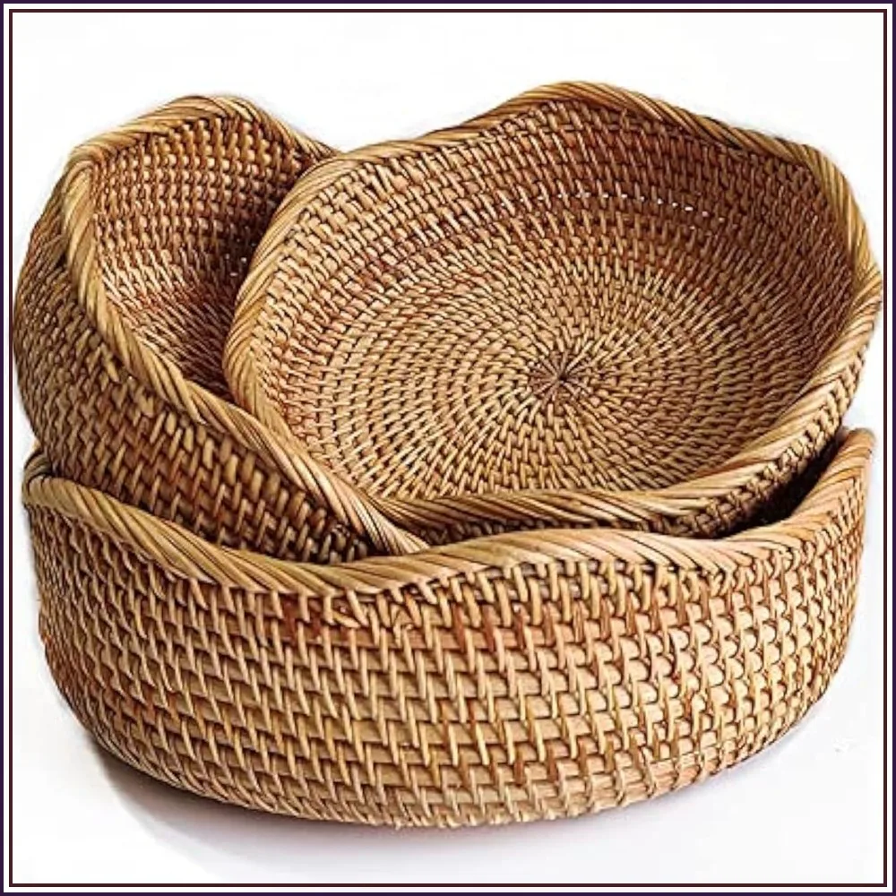 

Rattan Bread Basket Set of 3, Round Wicker Fruit Bowls, Natural Woven Storage for Kitchen Counter