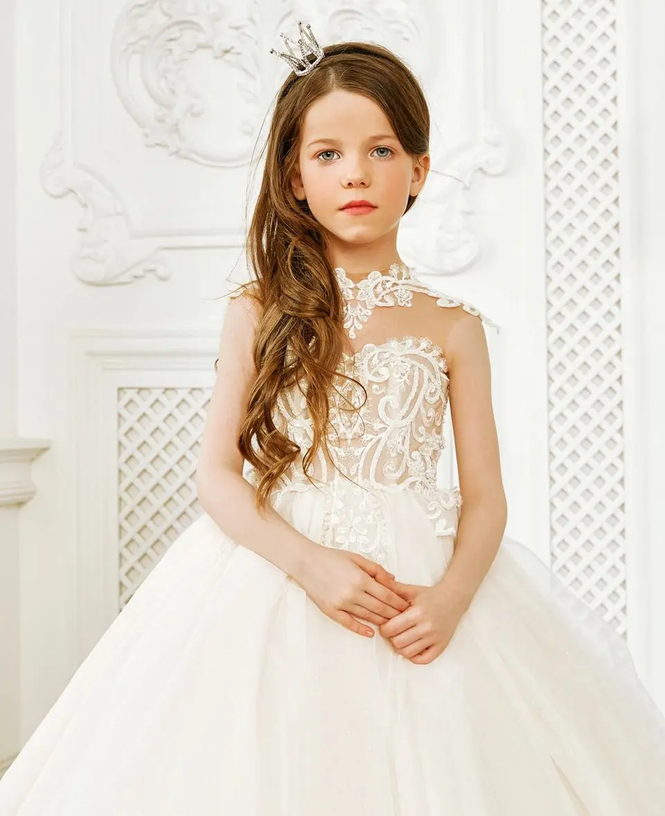 Elegant คอแขนกุดดอกไม้สาวชุดสําหรับงานแต่งงาน 2023 เจ้าหญิงภาพลวงตา Appliques วันเกิด PARTY First Communion Gowns