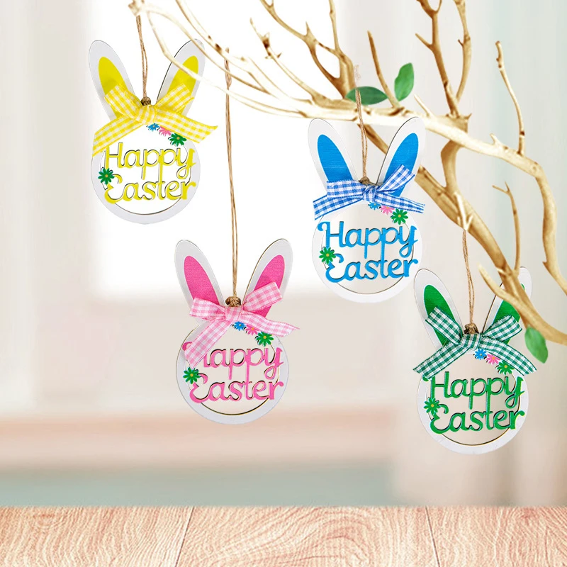 12pcs Wooden Hanging Easter Tree Ornaments Bunny Egg Wood Cutouts Rabbit Slices Bunny Egg Hanging Ornaments