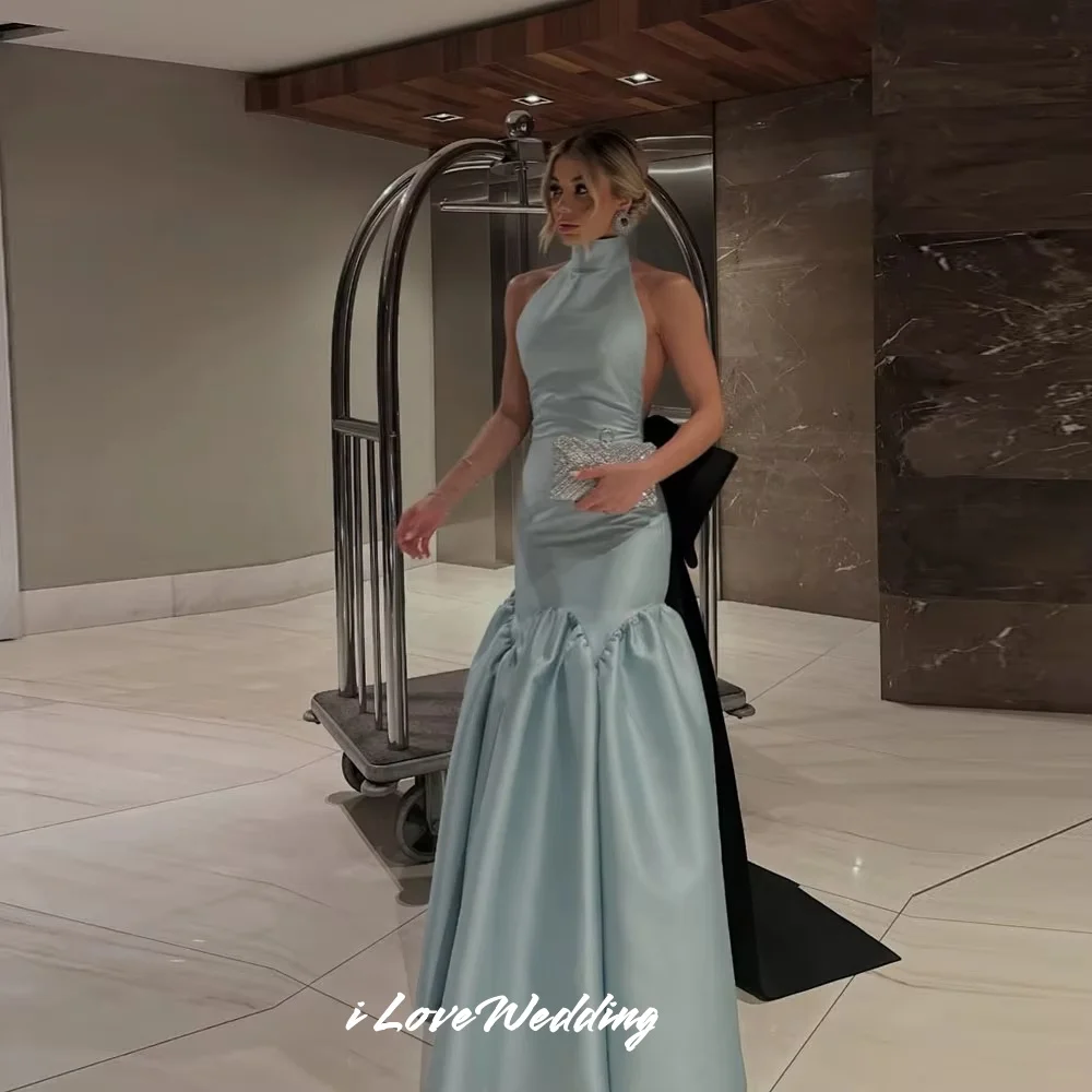 

Blue Backless Evening Dresses 2025 High Collar Sleeveless Pleated Mermaid with Black Big Bow Floor-Length Party Dress Customized