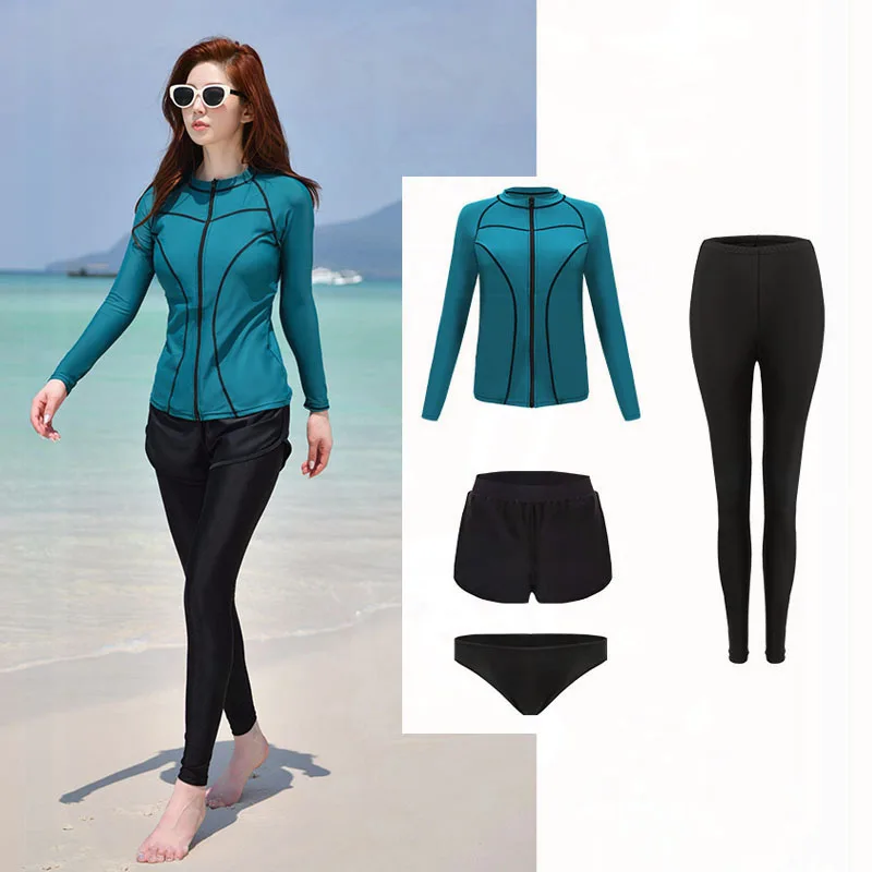 Women's 4pcs/set Rash Guards Padded Long Sleeve Shirt Sun Protection Dive Skin Swimwear Swimming Surfing Suits