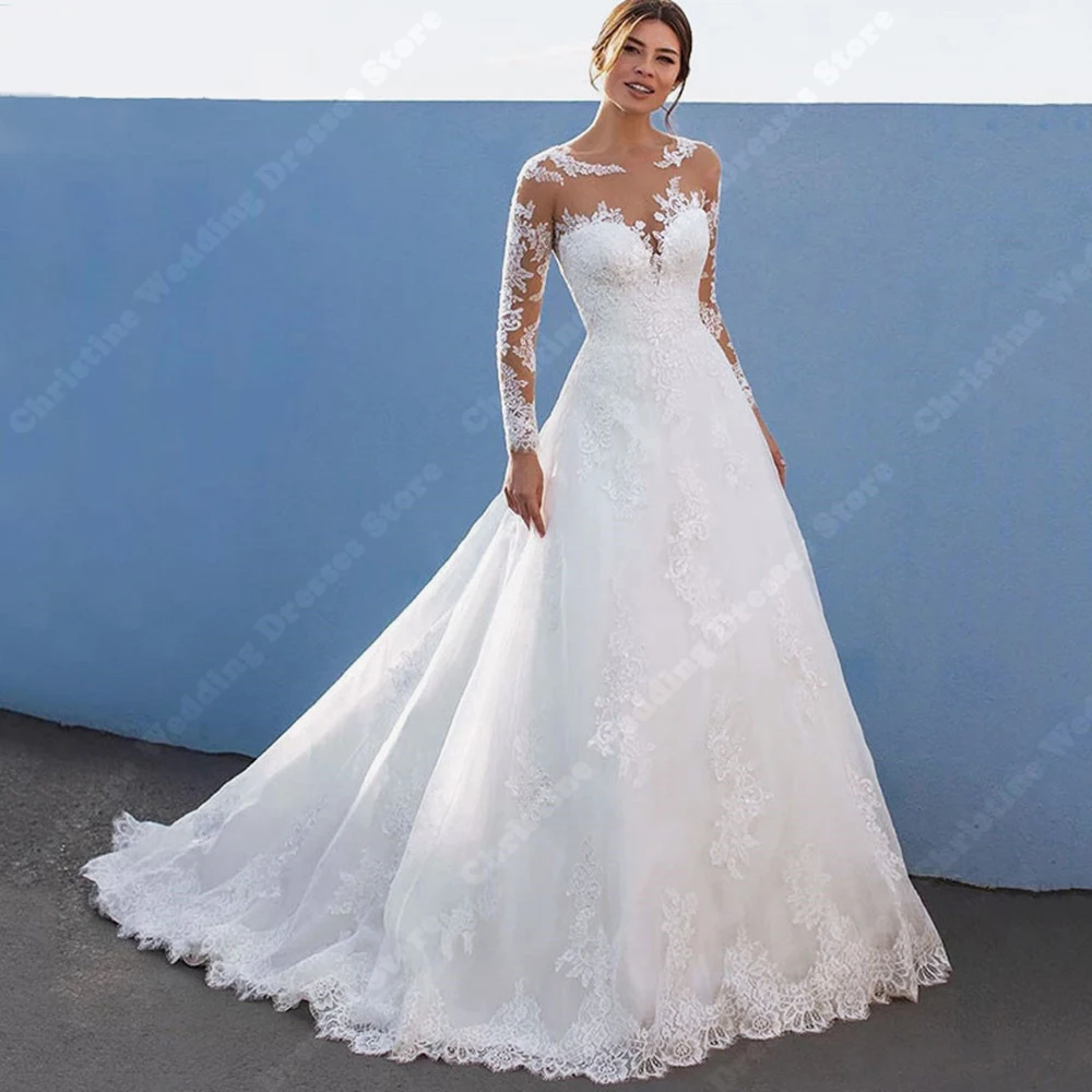 

Short Sleeves V-Neck Women Wedding Dresses Delicate Lace Appliques Long Sleeve Tulle Bridal Gown Mopping Length Vestido De Novia