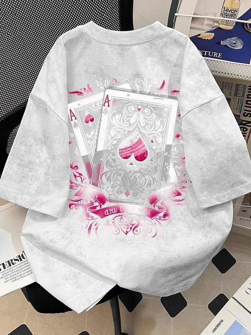 プラスサイズ-300-ポンド-ポーカー-プリント-半袖-tシャツ-ユニセックス-夏-アメリカン-レトロ-ルーズ-ラウンドネック-カップル-トップス-通気性-吸汗性