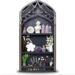 Gothic Window Crystal Shelf Display for Wall, Wooden Gem Stone Rock Storage Holder Trinkets Organizer, Wall Mount Stand Case Box